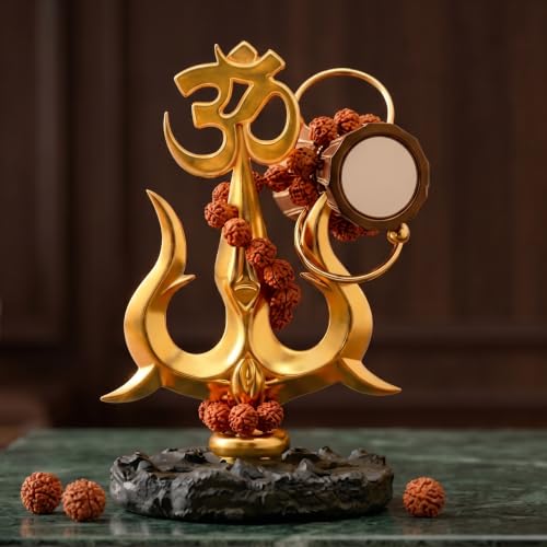 Image of Lord Shiva Trishul Idol with Om, Damru & Rudraksha Beads - Resin Gold Finish, 4.5 Inch | Spiritual Decor for Home Temple, Office Desk & Car Dashboard