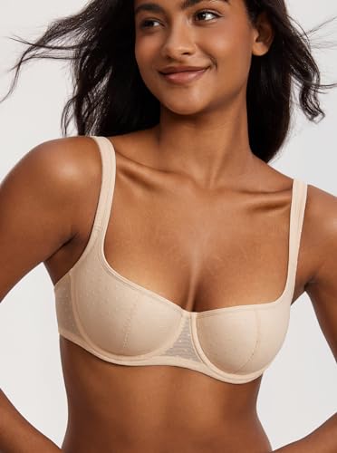 DOBREVA Women's Balconette Bra Lightly Padded Plus Size Sexy Mesh Demi Underwire Bras Wide Cushioned Straps4
