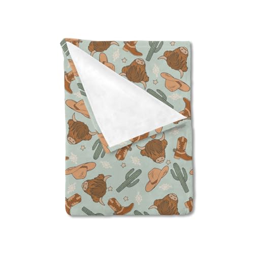 Image of HawSkgFub Teal Blue Highland Cow Cactus Baby Blanket for Boy Gift, Boho Western Cowboy Boot Hat Star Flannel Fleece Nursery Bed Blankets, Soft Lightweight Newborn Infant Toddler Kid Crib Bedding 30x40