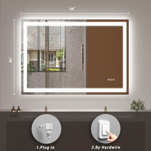 Image of 48x 30 LED Lighted Bathroom Mirror, Vanity Mirror with Lights for Wall, Dimmable, Defogger, Shatter-Proof, 3 Colors, ETL Listed (Front + Backlit)