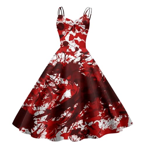 Generisch Halloween Kostüm Damen Gruselig Blutige Zombie Braut Horror Elegant Brautkleid Ärmellos Aufdruck Kleid mit Blutigem Print Mittelalter...