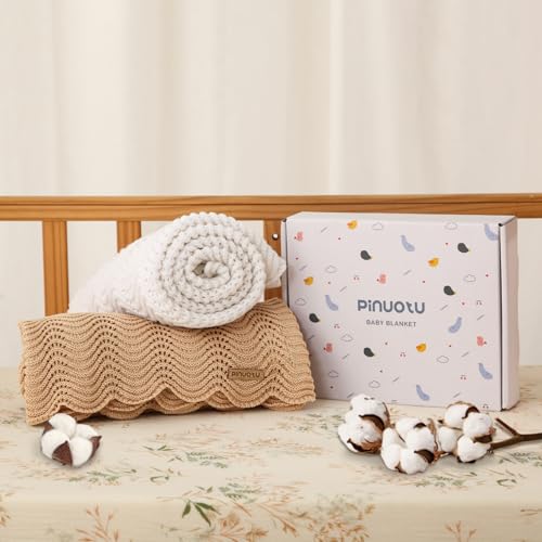 Image of Cotton Knitted Baby Blanket - Neutral Swaddle Receiving Blanket for Newborn, Toddler, Boys & Girls, Crib or Stroller Blanket with Gift Box, 31x40 Inch (White)