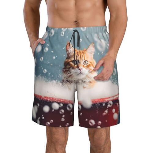 Men's Swim Trunks Cat in Snow Bathtub Quick Dry Board Shorts Mens Bathing Suit Beach Swimwear with Pockets