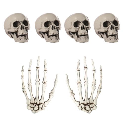 Image of RmKbe 6pcs Halloween Horror Skeleton Skull and Skeleton Hands Simulation Skull Props Scary Party Decoration Halloween Fancy Dress Accessory for Haunted House