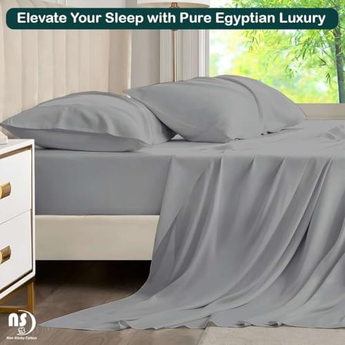 Image of NON Sticky cotton Premium 4 Piece Egyptian Cotton Fitted Queen Sheet Set, Hotel Quality Soft Breathable Bedding Sheets, 12 inch Deep Pocket, 60 inch X 80 inch, Light Grey Solid