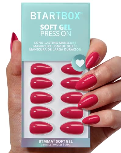 BTArtbox Press On Nails Almond - Raspberry Red Short Press On Nails with Glue for Women, Opaque Soft Gel Glue On Nails in 16 Sizes - 32 Stick On Nails Kit, Berry Blod