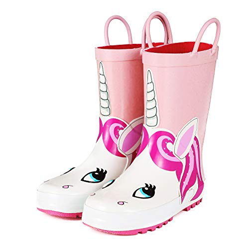 K KomForme Kids Rain Boots, Girl Animal Printed Rubber Boots with Easy on Handles
