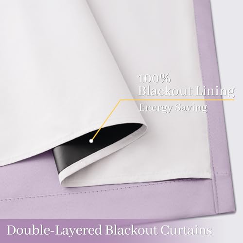 Image of Yakamok Lilac 100% Blackout Curtains 96 Inches Long for Bedroom 50 inch Wide | Blackout Curtain Panels for Bedroom, 2 Thick Layers Grommet Top Thermal Insulated Drapes with White Back for Living Room