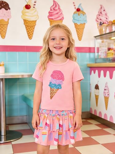 Image of Little Girls Skirt Set - 2 Piece Short Sleeve Top Shirred Tiered Skirt Outfit Girls Spring Summer Clothes 3-8 Years