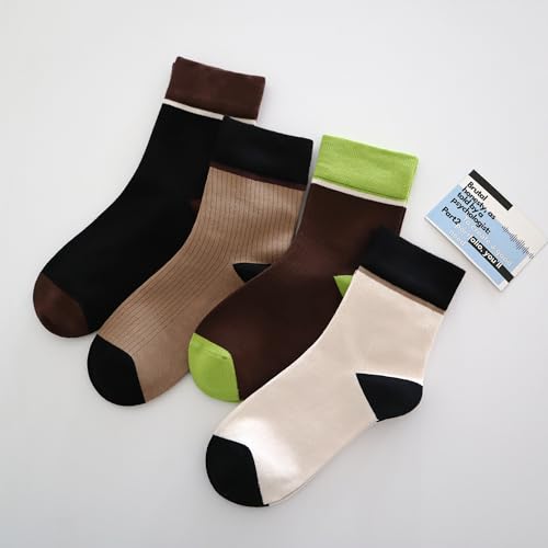 4 Pairs Fashion Colorful Combed Cotton Thin Ankle Crew Socks for Women, Striped Casual Soft Cute Vintage Colorblock Sock4
