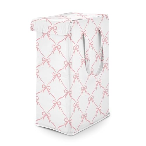 Image of Sweet Jojo Designs Laundry Hamper (Pink Bows) for Girls, Foldable Dirty Clothes Basket with Handles for Baby Nursery, Kids Bedroom, Teen Bathroom (Elegant Bow for Ballerina Dancer, Ballet Collection)