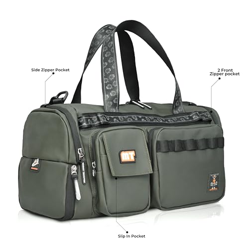 Image of MONKEY TROOPERS Spidey Lux Olive Gym Duffle Bag for Men & Women, 30.4L | Water-Resistant Reverse Polyester, Shoe Compartment, Bottle Slot, Organiser Pockets, Luggage Strap, Gym, Sports & Short Trips