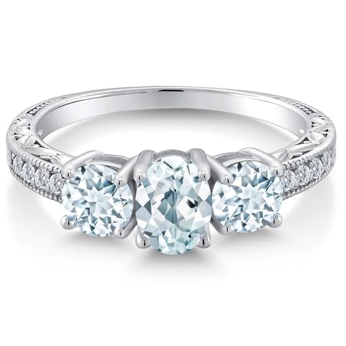 1.87 Cttw Sky Blue Aquamarine 3-Stone Engagement Ring For Women | 925 Sterling Silver | 3 Stone Wedding Anniversary Promise Ring | Oval 7X5MM and Round 5MM | Available in size 5, 6, 7, 8, 93