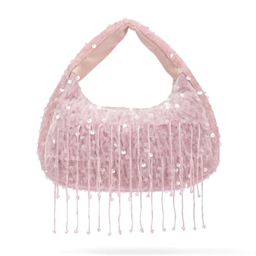 Image of NEWBELLA Women's Sequin Fringe Hobo Evening Bag - Sparkly Shoulder Purse for Cocktail Party, Date Night, Wedding & Special Occasions (Light Pink)