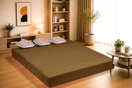 Image of Three Seater Sofa Cum Bed Jute Fabric 5 X 6 Ft| Space Saving Foldable Sofa Bed for Living Room & Guest Room | Comfortable Multi-Functional Furniture - Golden