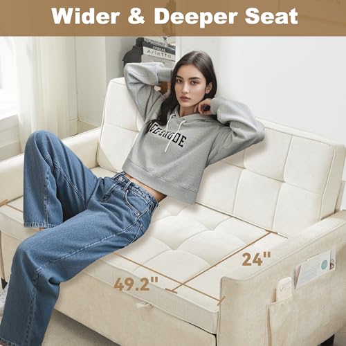 Tbfit 57" Chenille Convertible Sofa Bed, Full Size Loveseat Sleeper Sofa with USB & Type-C Port, Adjustable Backrest Loveseat for Living Room, Home Office, Apartment, Guest Room, White — view 6
