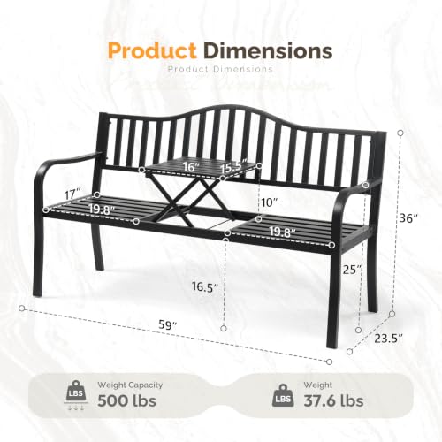 Image of VINGLI 59 inch Outdoor Metal Bench Patio Bench with Built in Table Park Bench Garden Bench, Outside Benches Weather Proof Front Porch Bench for Yard Lawn Decor Deck
