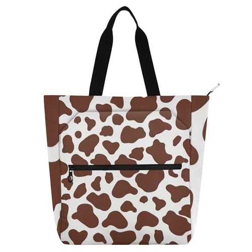 Bolsa de mano de vaca marrón para universidad y playa con cremallera resistente