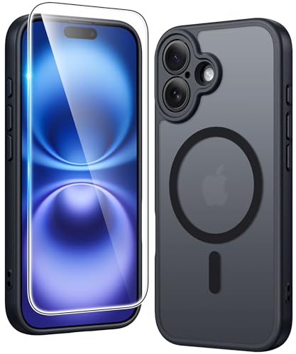 Image of FNTCASE for iPhone 16 Case Matte: Magnetic Phone Cases with Screen Protector Drop Proof Compatible with Magsafe Slim Anti Yellowing Rugged Shockproof Protective Translucent Cell Cover (C-Black)