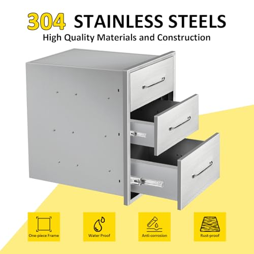 Image of Outdoor Kitchen Drawers 14 inch W x 21 inchH x 21 inchD Stainless Steel Drawer Flush Mount Triple BBQ Drawers with Chrome Handle for Outdoor Kitchen Island, Patio Grill Station