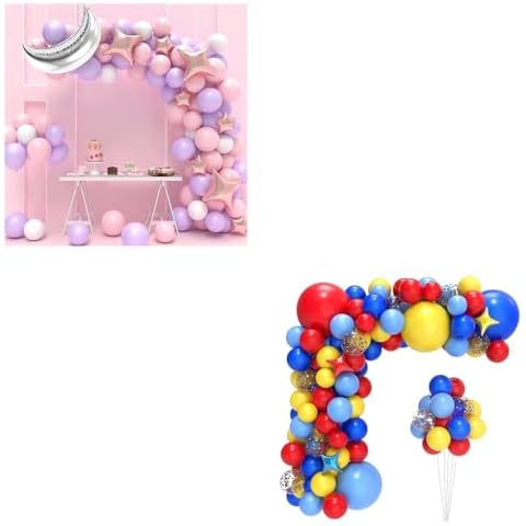 JOYYPOP Bundle of Pink Purple Balloon Garland Set with Moon and Star Balloons and Carnival Balloon Arch Kit with 123pcs Red Blue Yellow Rainbow Latex Confetti Balloons Cover