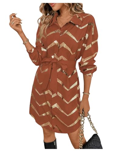 Image of SweatyRocks Women's Metallic Gold Long Sleeve Dresses Collar Shirtdress Casino Night Party Outfit