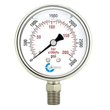 2" Pressure Gauge, Stainless Steel Case, Chrome Plated Brass Connection, Liquid Filled, 0-3000 psi/kPa, Lower Mount 1/4" NPT