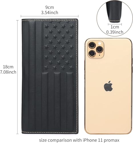 American Flag Design Full Grain Leather Wallets for Men,Long Bifold Wallets for Men,Mens Genuine Leather Checkbook Wallets with Gift Box (Black)2