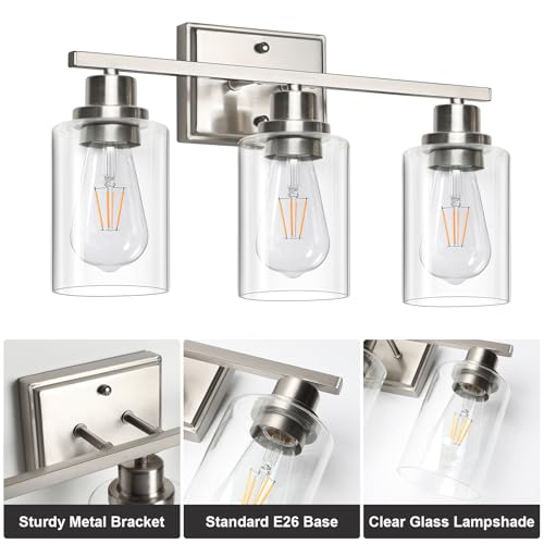 Image of Unicozin 3 Light Bathroom Light Fixtures, Modern Vanity Lights Over Mirror, Brushed Nickel Wall Lamp with Clear Glass for Living Room Cabinet Bedroom Porch
