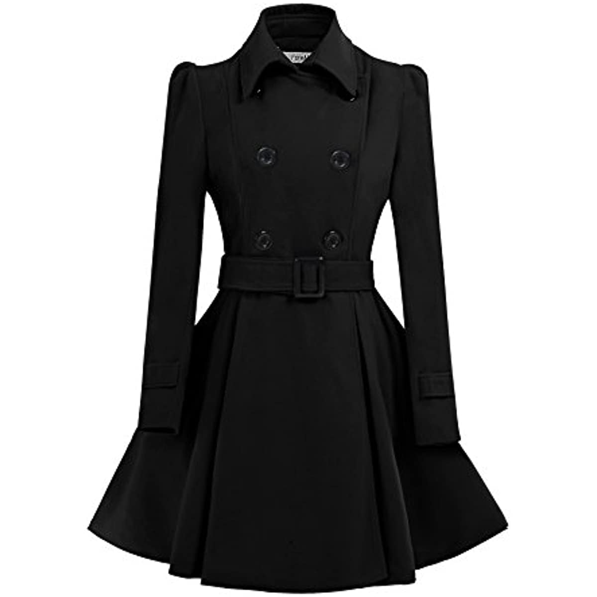 SACFOF Women Swing Double Breasted Wool Pea Coat with Belt Winter Buckle Long Sleeve Trench Jacket Lapel Dresses Outwear