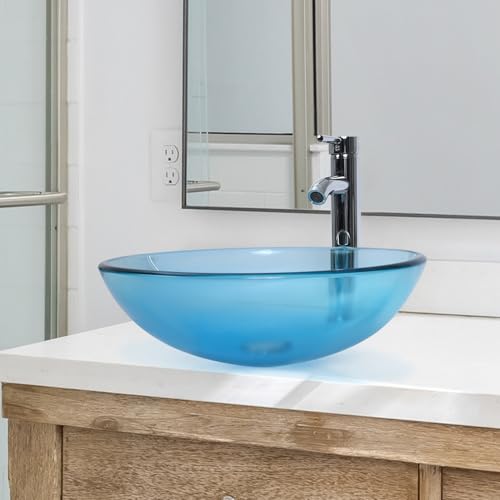 Bathroom Vessel Sink, Tempered Glass Vanity Round Bowl with Chrome Faucet and Pop up drain Set, Blue - Thumbnail 7
