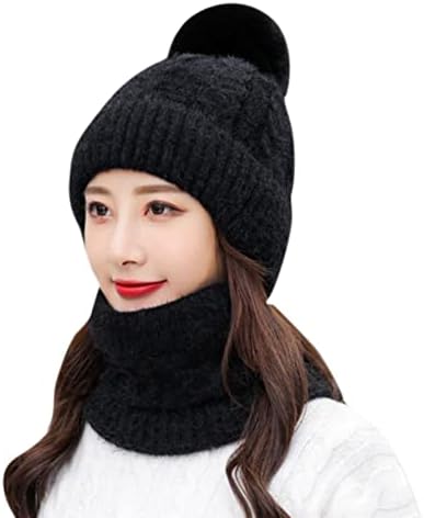 LINFFSTR Wintermuts Sjaal Set Mutsmuts met warme fleecevoering Bont Pompons Bal Gebreide mutsen Mutsen voor dames Sneeuwmuts voor dames (Color : Grey, Size : One size