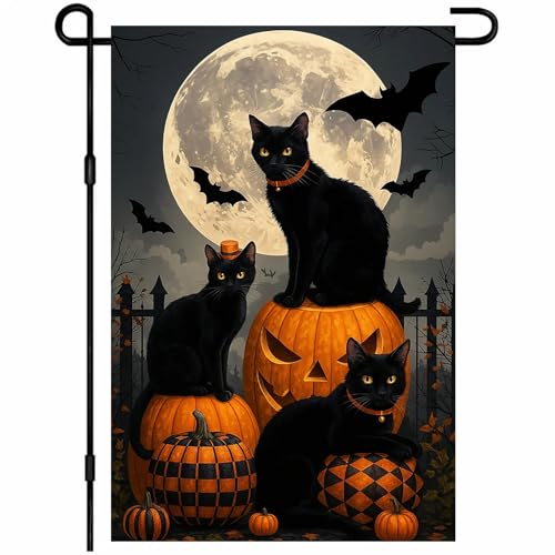 IVN Spooky Halloween Garden Flag 12x18 Inch Double Sided Black Cat Witch Pumpkin Jack O Lantern Gothic Outdoor Fall Yard Flag for Outside Home Front Door Lawn Porch Patio Welcome Decor