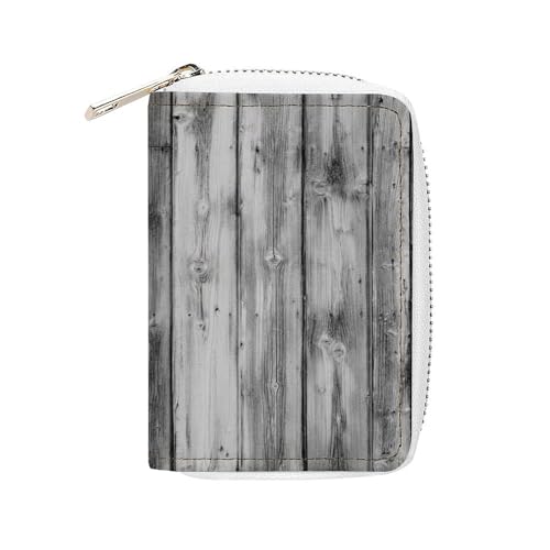 Women Leather Coin wallet, Key Change Organizer Zipper Card Holder Purse Clutch Pouch Pocket 4.5x3.15 in Print Black White Wood Vintage Wooden