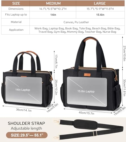Image of Canvas Tote Bag for Women, 15-Pockets Work Laptop Tote Purse Large Crossbody Nurse Teacher Bible Bag for School Travel Daily | with Strap & Zipper