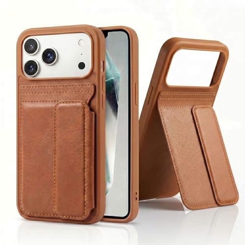 Image of amazon basics Luxury Vegan Leather Back Cover for iPhone 17 Pro Max | Built-in Card Holder Slot | Integrated Mobile Stand | Slim Shockproof Protective Case with Stitched Finish - Tan