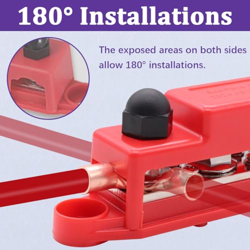 250A 12V Bus Bar Marine Power Distribution Block with Cover with 4 x 3/8”Post 6 x #8 Screws Terminals,Battery Bus Bar (Pair,Red & Black),Automotive Busbars 12 Volt for Car Boat Solar Wiring - Thumbnail 4