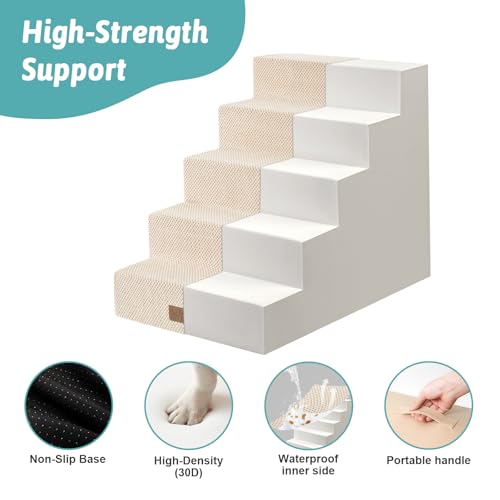 COZY KISS Hundetreppe für Kleine Hunde, 5 Stufen Breiter Haustiertreppe für Bett Couch Auto, 60cm Hoch Hochdichtem Schaumstoff Katzentreppe mit Abnehmbarem Bezug (Beige, 75x50x60cm, 5)