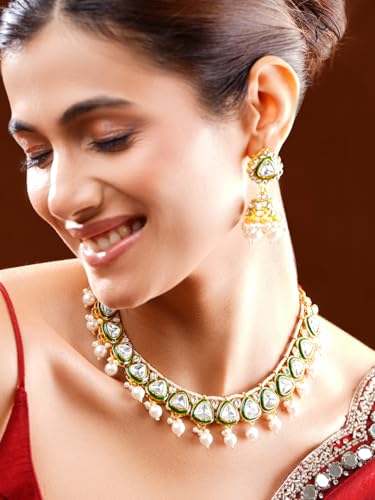Image of Rubans Necklace Maangtikka Set Gold Plated Kundan & Pearl Jewellery Gift for Women & Girls