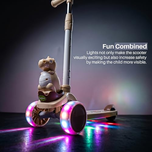 Image of Baybee Dino Blaze Kick Scooter for Kids | 3 Wheel Skate Scooter with RGB LED Wheels & Music | 3 Height Adjustable T-Bar Handle & Rear Brake | Foldable Skate Scooter for Kids 3 to 8 Years (Khaki)