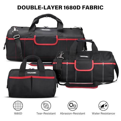 Image of HAUTMEC 3-Piece Large Tool Bag Set (12 inch / 18 inch / 24 inch), Heavy-Duty 1680D Wide Mouth Tool Bag with Metal Frame, Foldable Tool Tote Bag with Non-Slip Base, Double Zippers & Padded Shoulder Strap - HT0297