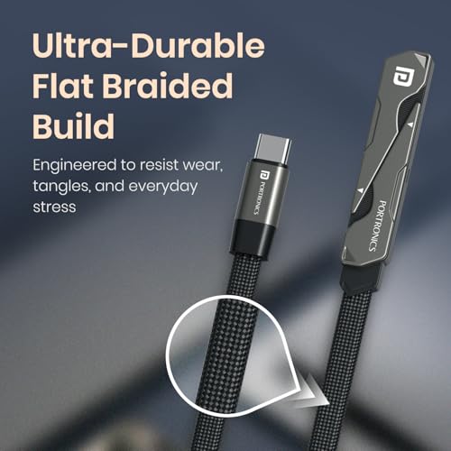 Image of Portronics 100W Dockline Type C to Type C Cable With In Built Stand, E-marker Chipset, Strong Braided Cable, Data Sync, Compatible With Laptop, Smartphone, iPhones, Tablets(Black)