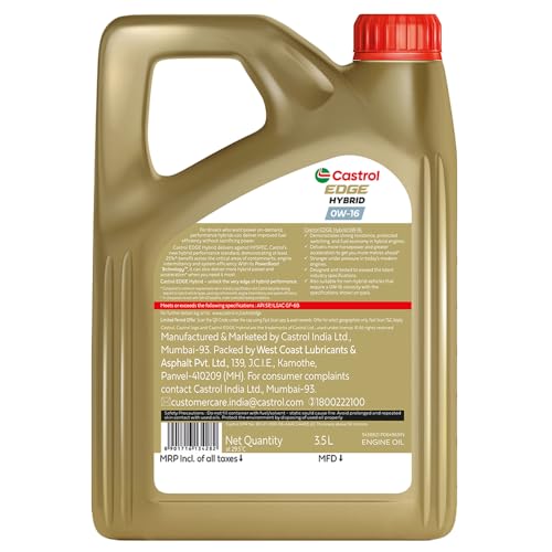 Image of Castrol EDGE Hybrid 0W-16 Advanced Full Synthetic Engine Oil | Power Boost Technology | 25%* Benefit for Efficient Engine Performance | For Petrol CNG & Hybrid Cars | 3.5L