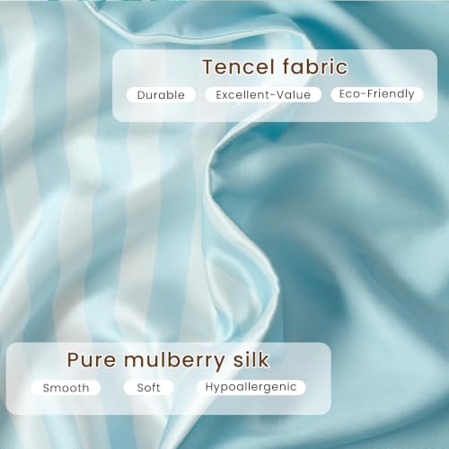 Image of THXSILK Set of 2 Mulberry Silk Pillowcase for Hair and Skin, Cooling Bed Pillow Cover with Hidden Zipper, Soft Smooth Print Silk Pillowcase Gifts for Women Men (Queen 20 inchx30 inch, Blue Stripes)