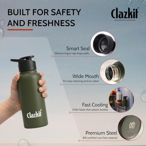 Image of Clazkit Alpha Sporty Stainless Steel Water Bottle Single Wall 500ml Set of 6| Lightweight, Leak-Proof, Reusable | Ideal for School Kid,Office, Gym & Travel | Green