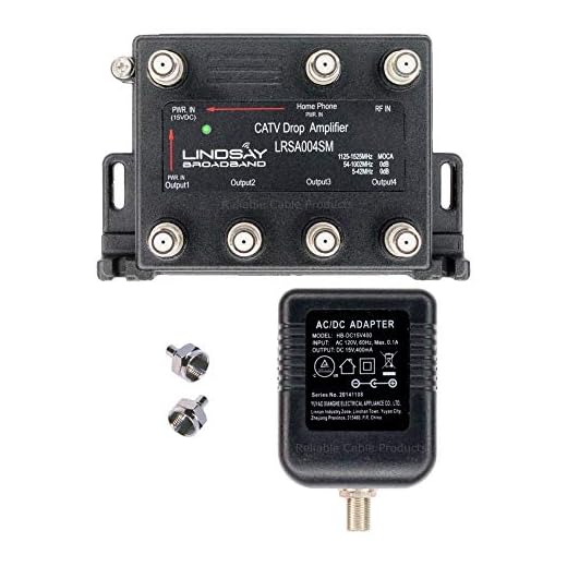 4-Port Cable TV/Internet Digital Signal Amplifier/Booster/Splitter with Unity Gain, Modem Bypass Port and MoCA Support, F59 Terminators (Lindsay LRSA004SM)