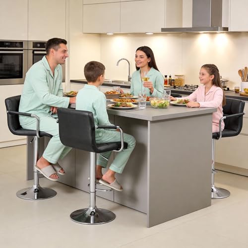 Butacos ZENY Set de 4, Modernos con Tapizado en Cuero Sintético Ajustable y Giro 360°, con Apoyabrazos y Espaldar, para Cocina, Bar o Pub, Negro miniatura 2