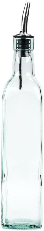 Tablecraft H9085 Glass Oil And Vinegar Cruet, Olive Oil Dispenser With Stainless Steel Spout, Slight Green Tint, 8.5 Ounce