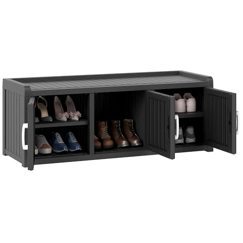Image of Outdoor Shoe Storage Cabinet, Waterproof UV-Resistant Resin Storage Bench Indoor Outdoor with 3 Doors, Adjustable Shelves for Entryway, Bedroom, Hallway,Living Room(Black)