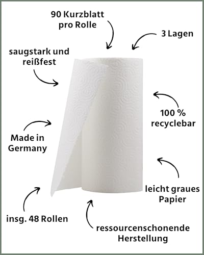 Foto von œcolife Küchentücher RECYCLING, 48 Rollen à 90 Blatt, 3-lagig, Küchenrollen